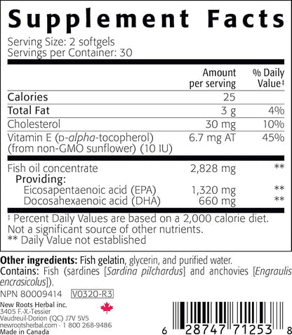 New Roots | Wild Omega 3 Fish Oil Supplement | Ultra Pure Pharmaceutical-Grade with Highest Concentration Vitamin E (60 Softgels), Best EPA DHA Ratio 2:1 for Optimal Heart and Brain Health