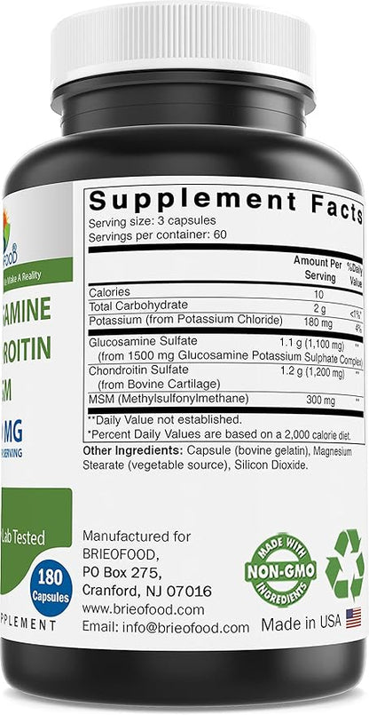 Brieofood Triple Strength Glucosamine Chondroitin MSM 2600mg/Serving Capsules, Supports Healthy Joint, Cartilage and Connective Tissue - Promotes Joint Comfort & Flexibility 180 Count