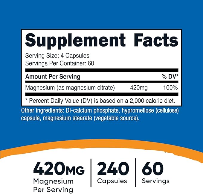 Nutricost Magnesium Citrate 420mg, 240 Veggie Capsules - 60 Servings, Gluten Free, Non-GMO, Vegetarian Friendly