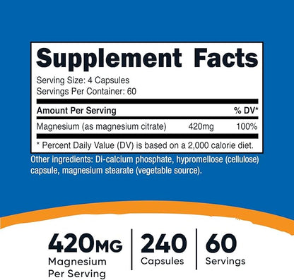 Nutricost Magnesium Citrate 420mg, 240 Veggie Capsules - 60 Servings, Gluten Free, Non-GMO, Vegetarian Friendly