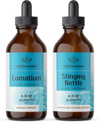 HERBAMAMA Herbal Liquid Drops Kit - Bundle of Lomatium Root and Stinging Nettle Tincture 4 fl oz - Vegan, Non-GMO, Sugar & Alcohol-Free - 2 Pack