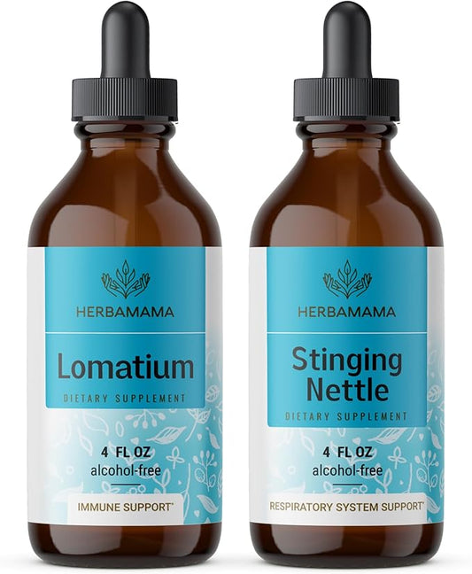 HERBAMAMA Herbal Liquid Drops Kit - Bundle of Lomatium Root and Stinging Nettle Tincture 4 fl oz - Vegan, Non-GMO, Sugar & Alcohol-Free - 2 Pack