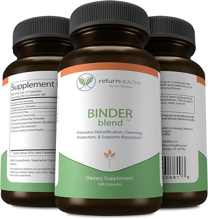 Binder Blend - Toxin Binder Supplement, Detox Capsules for a Healthy Gut - 180 Capsules - 90 Servings - 960mg Activated Charcoal & 480mg Organic Chlorella - Bloating Relief - Bentonite Clay