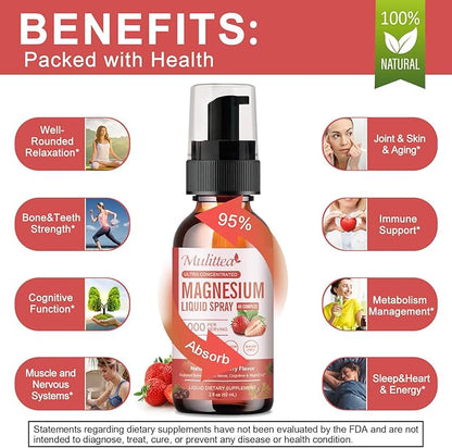 Magnesium Glycinate Liquid Spray with Citrate, Oxide & Malate, Magnesium with Whole Vitamin, L-Theanine, D3K2, B6 for Heart, Leg Cramps,Muscles&Energy- Sugar-Free Strawberry Flavor, 2 Fl Oz