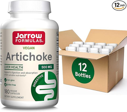 Jarrow Formulas Artichoke 500 mg, Dietary Supplement for Liver Health and Digestion Support, 180 Veggie Capsules, 180 Day Supply, Pack of 12