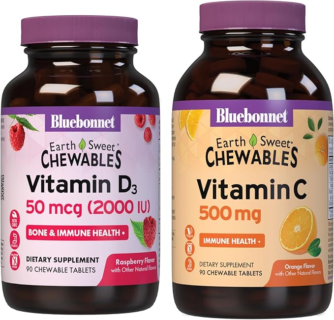 BlueBonnet Nutrition Vitamin D3 2000 IU Chewables and Vitamin C 500 mg Chewables Bundle