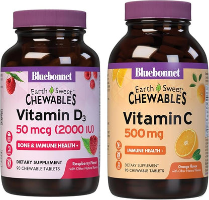 BlueBonnet Nutrition Vitamin D3 2000 IU Chewables and Vitamin C 500 mg Chewables Bundle
