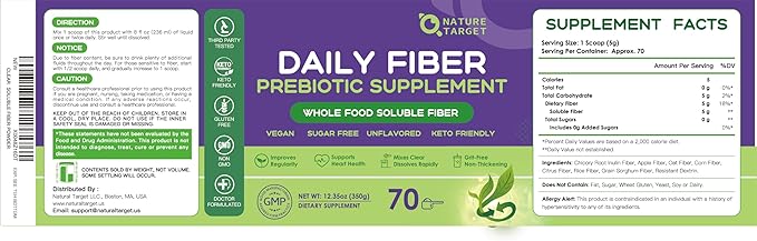 Daily Fiber Supplement - Soluble Prebiotic Fiber Powder for Gut Health, Whole Food High Fiber for Digestive Health & Regularity, Unflavored Clear Mixing Powder, Gluten & Sugar Free, Keto - 70 Servings