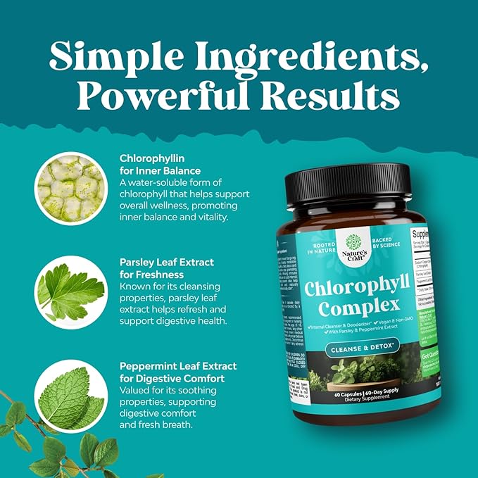 Chlorophyll Capsules for Cleanse and Detox Support - Internal Deodorant Pills for Body Odor with Mint & Parsley Extract Healthy Skin Immunity & Digestive Support - Vegan Non-GMO & Gluten Free (60ct)