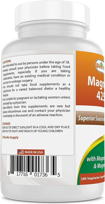 Best Naturals Magnesium 425 mg 180 Veggie Capsules - High Absorption Magnesium Glycinate & Magnesium Oxide Chelated, Non-GMO, Gluten Free Muscle Relax (180 Count (Pack of 2))
