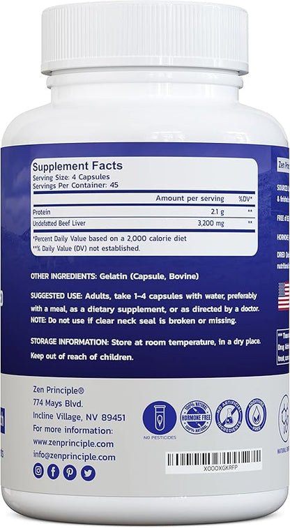 Zen Principle Beef Liver Supplement Grass-Fed, Pasture-Raised Cows. Desiccated Liver Supplement, No Hormones or GMO. Natural Energy from Iron, Protein, Vitamins. 2-Pack, 360 Capsules.