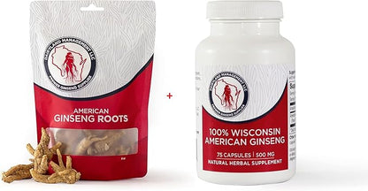 Dairyland American Ginseng Roots 8 oz and Capsules 75 ct Pack of Wisconsin Ginseng – Direct from Farmer to Consumer 西洋参