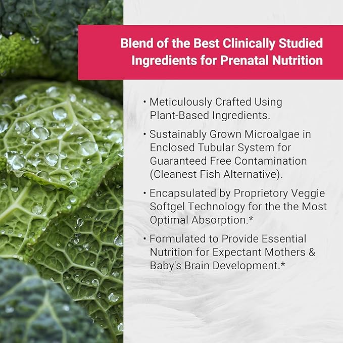 Vegan Prenatal with Full Specrum Omega-3 | Algae DHA, EPA, DPA, Vitamin D3 & Active Folic L 5-MTHF | Vegan Society Certified, Sustainably Sourced, Non-GMO & Soy Free | 120 Veggie Softgels
