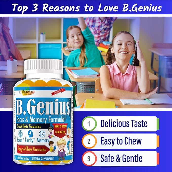 B.Genius Brain Booster Supplement & Memory Support Vitamins for Kids & Teens, Support Brain Focus, Memory, Learning, Accuracy with Omega 3, EPA/DHA Tasty 60 Chewable Gummies