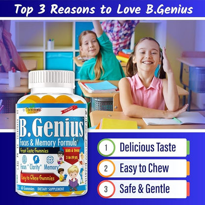 B.Genius Brain Booster Supplement & Memory Support Vitamins for Kids & Teens, Support Brain Focus, Memory, Learning, Accuracy with Omega 3, EPA/DHA Tasty 60 Chewable Gummies