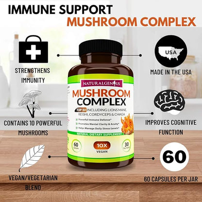 Natural Genius Top 10 Mushroom Extracts - White Button, Lions Mane, Cordyceps, Chaga, Reishi Plus - Immune Booster, Nootropic