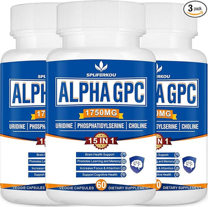 15-in-1 Alpha GPC Supplement - Nootropic Brain Supplement with Phosphatidylserine, Uridine,L-Theanine,Lion's Mane Mushroom for Brain Support, Memory and Focus,180 Capsules