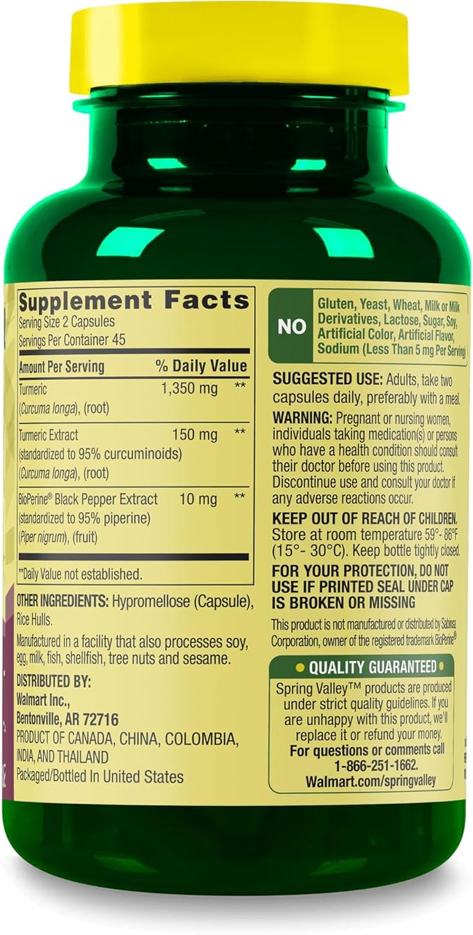 Spring Valley Turmeric Curcumin 1500mg- with Black Pepper Capsules, 90ct (Pack of 1), Boxed by Fusion Shop Store