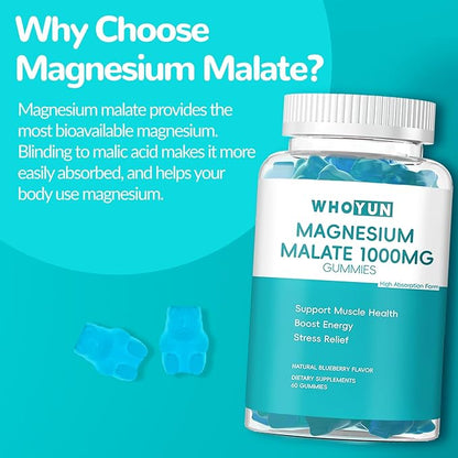 Magnesium Malate Gummies 1000mg, Enhanced Absorption Magnesium Chewables Supplement with Malic Acid for Energy Boost & Muscle Health, 60 Count