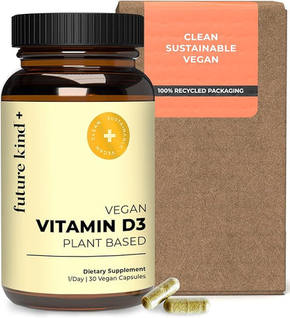 Future Kind Vegan Vitamin D3-2500 IU Plant-Based Supplement for Cell & Immune Support - Sugar-Free, Lichen-Based Vitamin D (30 Softgels in Glass Bottle)