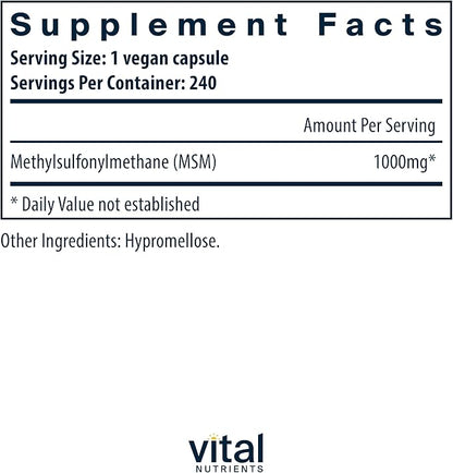 Vital Nutrients - MSM 1000 mg - Natural Form of Organic Sulfur - 240 Capsules