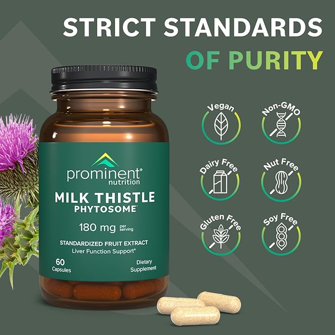 Prominent Nutrition Milk Thistle Phytosome, Clinically Researched Siliphos® Milk Thistle Extract for Liver Function, Detox, and Cleanse Support, Standardized to 29% Sylibin, 180 mg, 60 Capsules