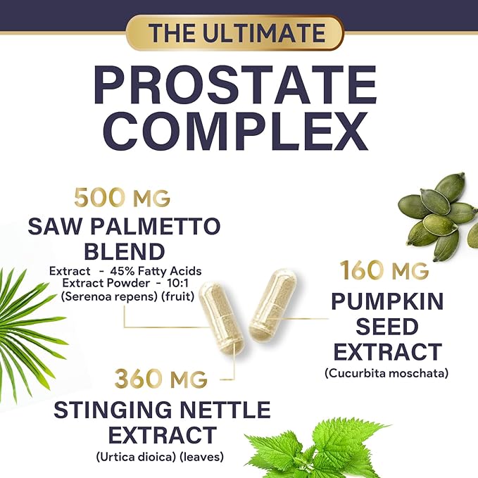 Prostate Health Supplements for Men - Support Complex Formula with Saw Palmetto, Beta Sitosterol, Stinging Nettle, Pygeum, Pumpkin Seed, Zinc - Supports Prostate & Urinary Health - 120 Capsules