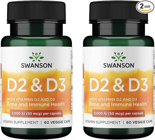 Swanson Vitamin D Complex with Vitamins D2 & D3 - Complete Sunshine Vitamin Complex for Bone, Dental & Immune Health - Vitamin Supplement (50 mcg, 60 Veggie Capsules) (2 Pack)