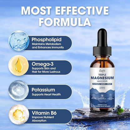 Magnesium Glycinate Liquid Drops with Taurate & Citrate, Magnesium Supplement for Sleep, Calm & Relaxation, with Potassium & Omega-3, High Absorption Formula, Blueberry Flavor, 2 Fl Oz