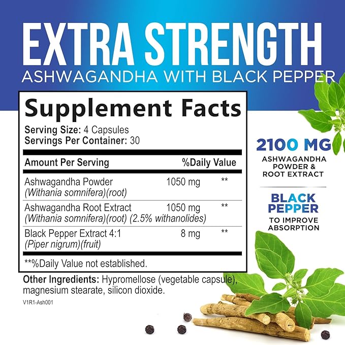 Ashwagandha Supplement 2100mg - Extra Strength Herbal Root Extract, Best Ashwagandha Supplements for Men & Women, Restore, Unwind, Calm Support Formula, Vegetarian, Non-GMO, Gluten-Free, 120 Capsules