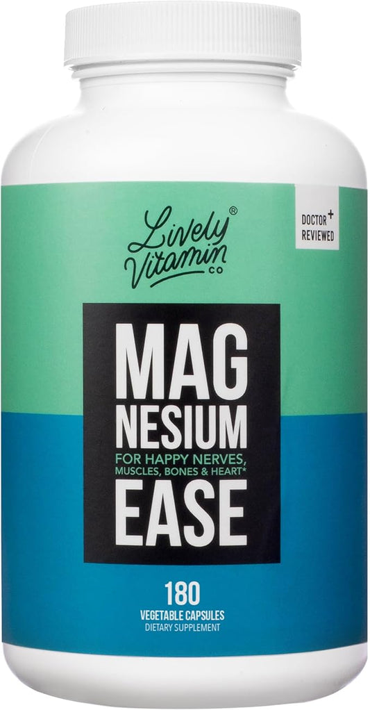 Lively Vitamin Co. Magnesium Ease - Chelated - Highly Bioavailable - Tension - Stress - Nerves - Immune Function - RLS - Gluten Dairy Soy Free - Non-GMO - 180 Vegan Capsules