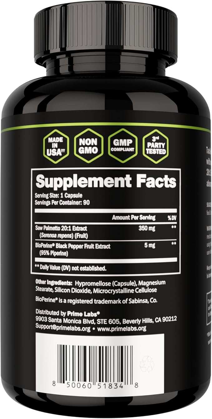 Prime Labs Saw Palmetto for Men (2-Pack) - Prostate & Urinary Health Supplement, Hair Loss Support, DHT Blocker - 20:1 High-Potency 350mg of Saw Palmetto Extract per Serving