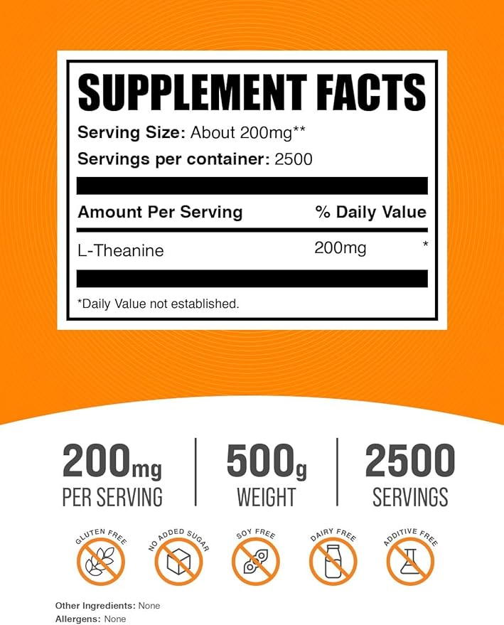 BulkSupplements.com L-Theanine Powder - L-Theanine Supplement, L-Theanine 200mg - Amino Amino Supplement, Pure & Gluten Free, 200mg per Serving, 500g (1.1 lbs) (Pack of 1)