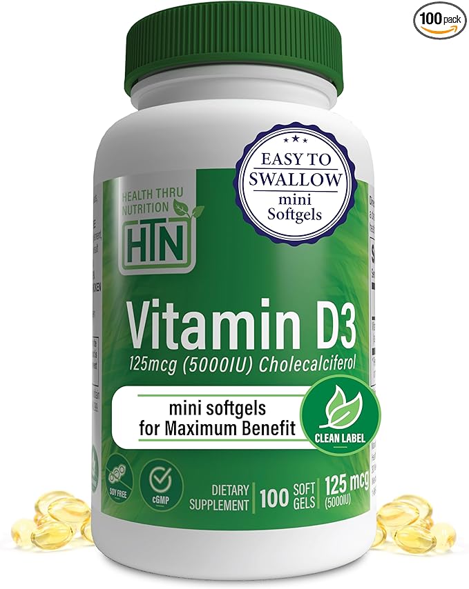 Health Thru Nutrition Vitamin D3 5,000iu 100 Mini Softgels for Maximum Benefit | 125mcg Cholecalciferol | 3rd Party Tested | Non-GMO USP Grade in Organic EVOO | Immune Health Support