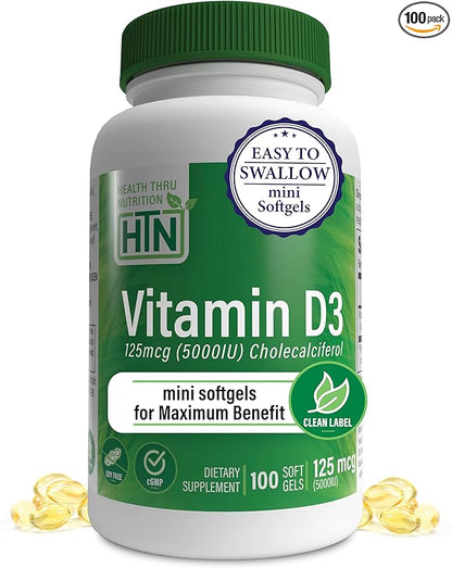 Health Thru Nutrition Vitamin D3 5,000iu 100 Mini Softgels for Maximum Benefit | 125mcg Cholecalciferol | 3rd Party Tested | Non-GMO USP Grade in Organic EVOO | Immune Health Support