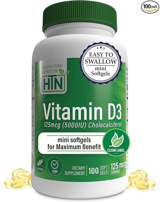 Health Thru Nutrition Vitamin D3 5,000iu 100 Mini Softgels for Maximum Benefit | 125mcg Cholecalciferol | 3rd Party Tested | Non-GMO USP Grade in Organic EVOO | Immune Health Support
