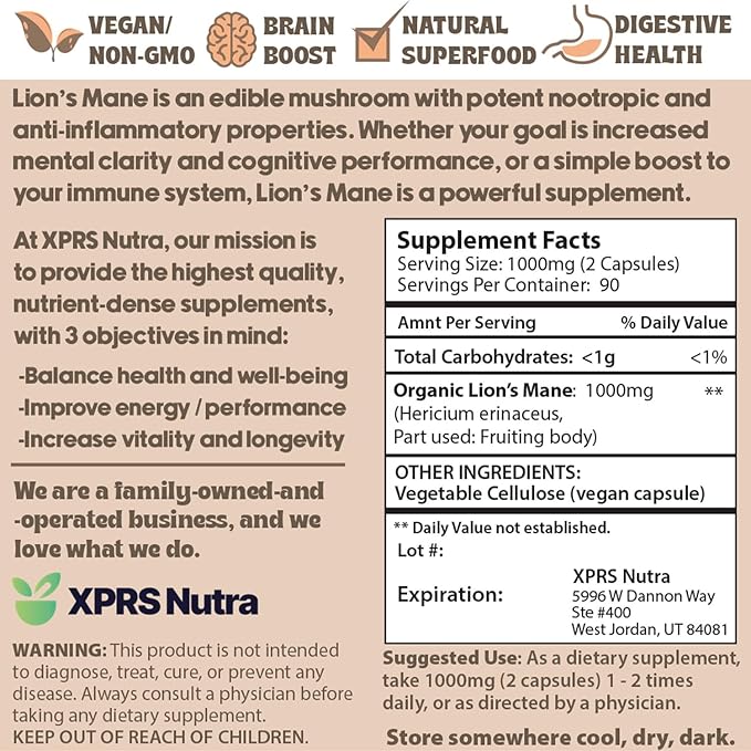 XPRS Nutra Organic Lions Mane Supplement Capsules - 180 Count (90 Day Supply) of Premium Lion's Mane Mushroom Capsules for Mental Clarity, Cognition and Immunity Lions Mane Powder Capsules