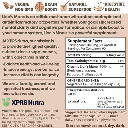 XPRS Nutra Organic Lions Mane Supplement Capsules - 180 Count (90 Day Supply) of Premium Lion's Mane Mushroom Capsules for Mental Clarity, Cognition and Immunity Lions Mane Powder Capsules
