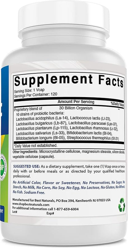 Best Naturals Probiotic 10 Strains 30 Billion Shelf Stable 120 Veggie Caps (120 Count (Pack of 3))