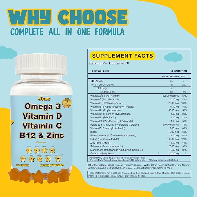 Adult Multivitamin Gummy with Omega 3, Chewable Multivitamin with Selenium, Vitamin A, B, C, D, Biotin, Multivitamin for Women, Multivitamin for Men, 60 Star Shaped Multivitamin Gummies