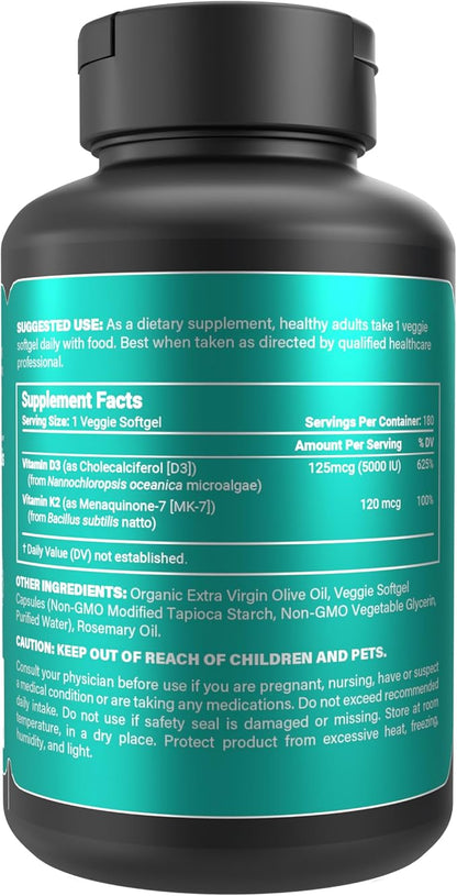 Vegan Vitamin D3 + K2 with Extra Virgin Olive Oil | 5000iu Vitamin D with 120mcg MK7 Vitamin K | Better Support for Bone & Immune Health | Vegan Society Certified 180 Softgels