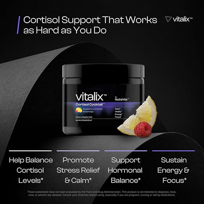 Vitalix Cortisol Cocktail–Premium Adaptogen Drink Mix - Cortisol Detox & Adrenal Support - Ashwagandha KSM 66 400mg, Magnesium Glycinate 200mg, L-Theanine 200mg - Raspberry Lemonade – 30 Servings
