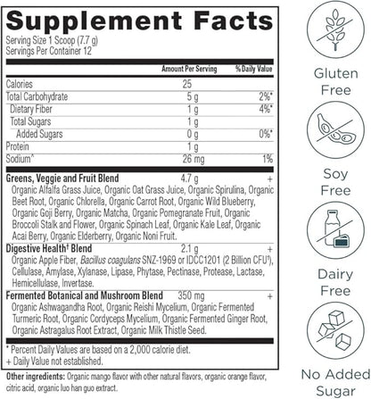 Ancient Nutrition SuperGreens Powder with Probiotics, Organic Mango Flavor Greens, Made from Real Fruits, Vegetables and Herbs, Digestive and Energy Support, 12 Servings, 3.3oz