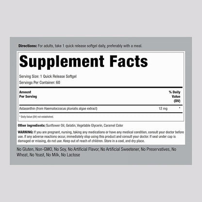 Piping Rock Astaxanthin 12mg | 60 Quick Release Softgels | Extract Supplement | Gluten Free, Non-GMO