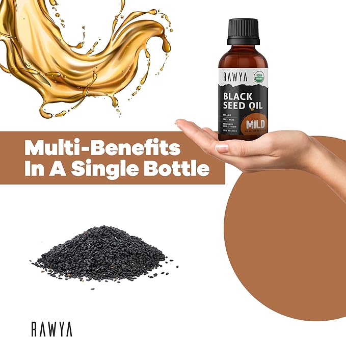 RAWYA Black Seed Oil - Cold Pressed - Black Cumin Seed - Premium Nigella Sativa - Omega 3 6 9 - Kalonji for Skin and Healthy Hair - Non-GMO, Gluten-Free - Wellness Oil - Mild Flavor - 3.4 Fl Oz