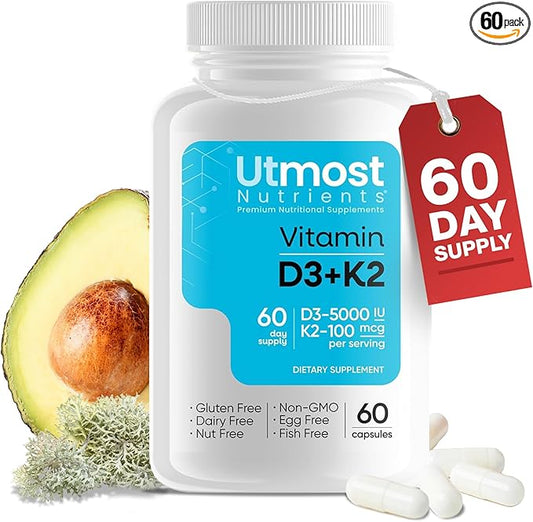 Vitamin D3 with K2-5000iu Vitamin D and 100 mcg Vitamin K Supplement in one Capsule for Maximum Bioavailability - Enhances Calcium Absorption for Cardiovascular, Immune and Bone Health (60 Capsules)