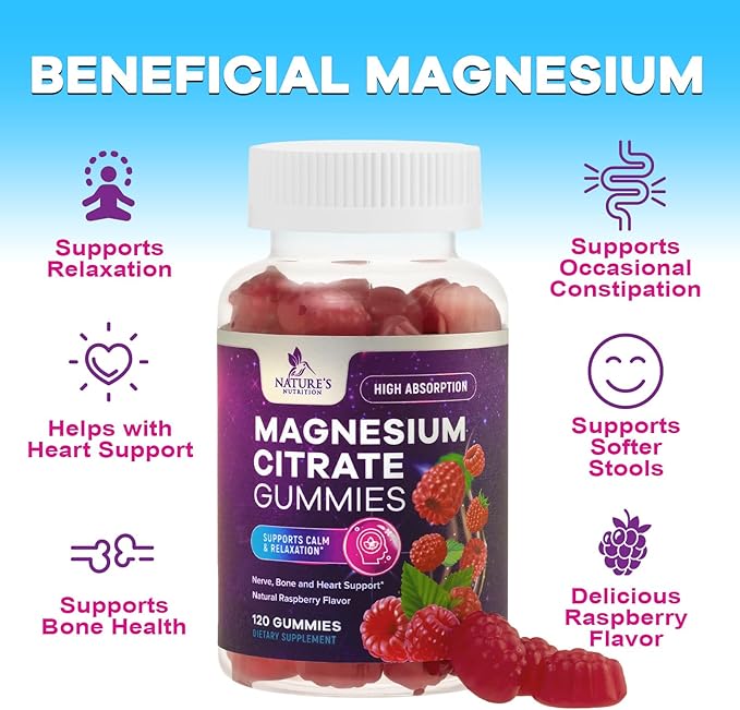 Magnesium Gummies Supplement - High Absorption Magnesium Citrate Supplement for Adults & Kids - Nature's Calm Magnesio Gummy Dietary Supplements for Bone, Muscle Health, Heart Support - 120 Gummies