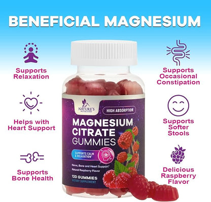 Magnesium Gummies Supplement - High Absorption Magnesium Citrate Supplement for Adults & Kids - Nature's Calm Magnesio Gummy Dietary Supplements for Bone, Muscle Health, Heart Support - 120 Gummies