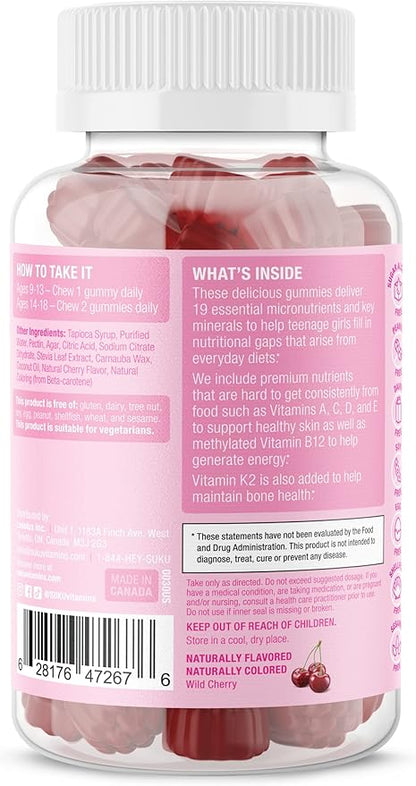 Teen Girl Gummies – Sugar Free Vegetarian Gummy Vitamins Supplement with 19 Essential Nutrients Strengthens Bones, Muscles, Enhances Energy & Skin Health – Cherry Flavor (60 Count)