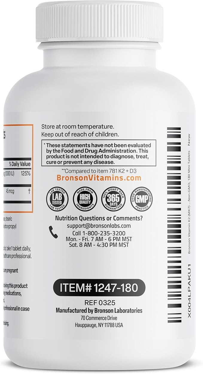 Bronson Vitamin K2 (MK7) with D3 Lower Dose 45mcg Vitamin K2 & 1000 IU Vitamin D3 Easy to Swallow Daily Maintenance 2 in 1 Formula Non-GMO, 180 Mini Tablets